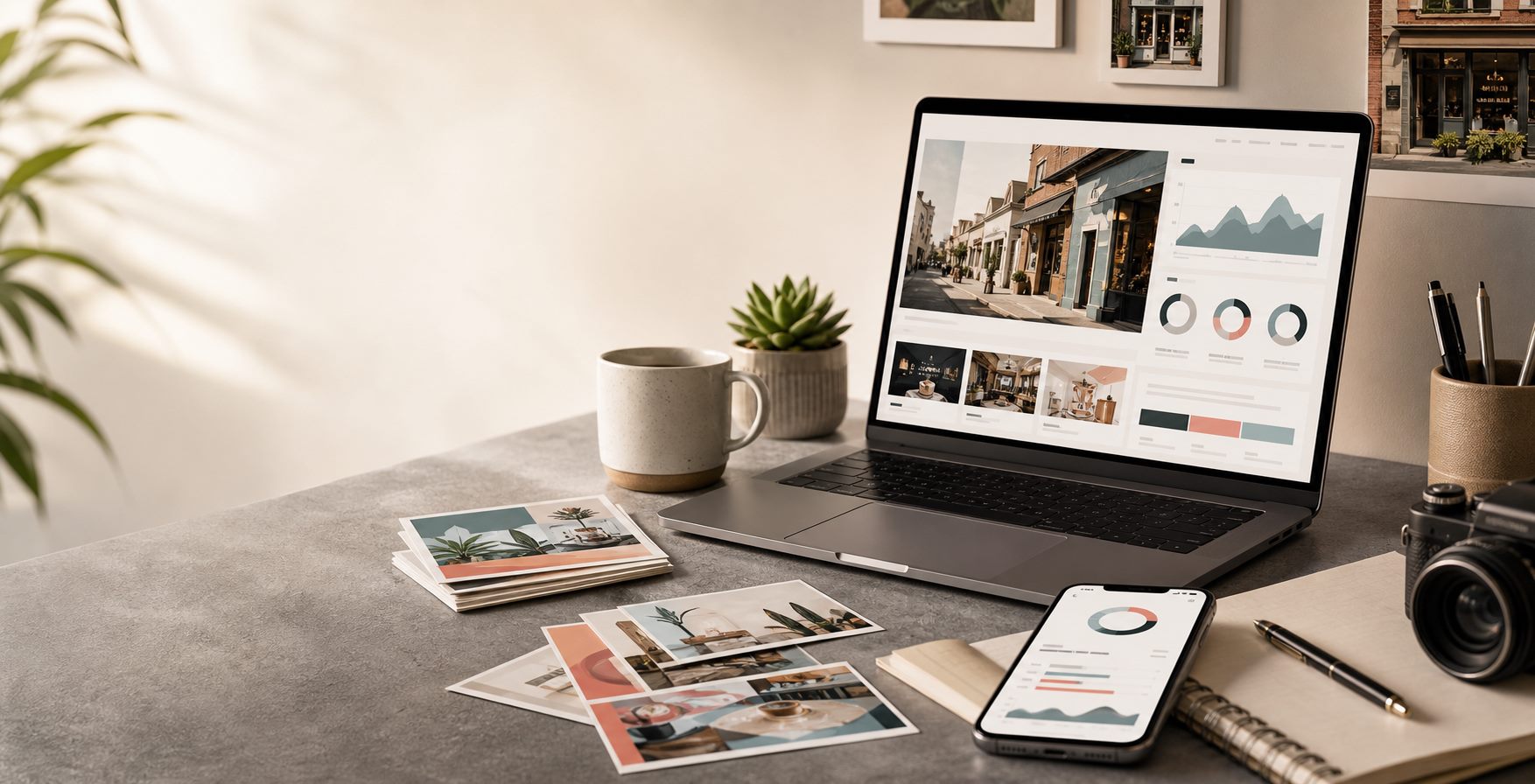 A professional desk setup showing website, social media, and analytics visuals for local businesses.